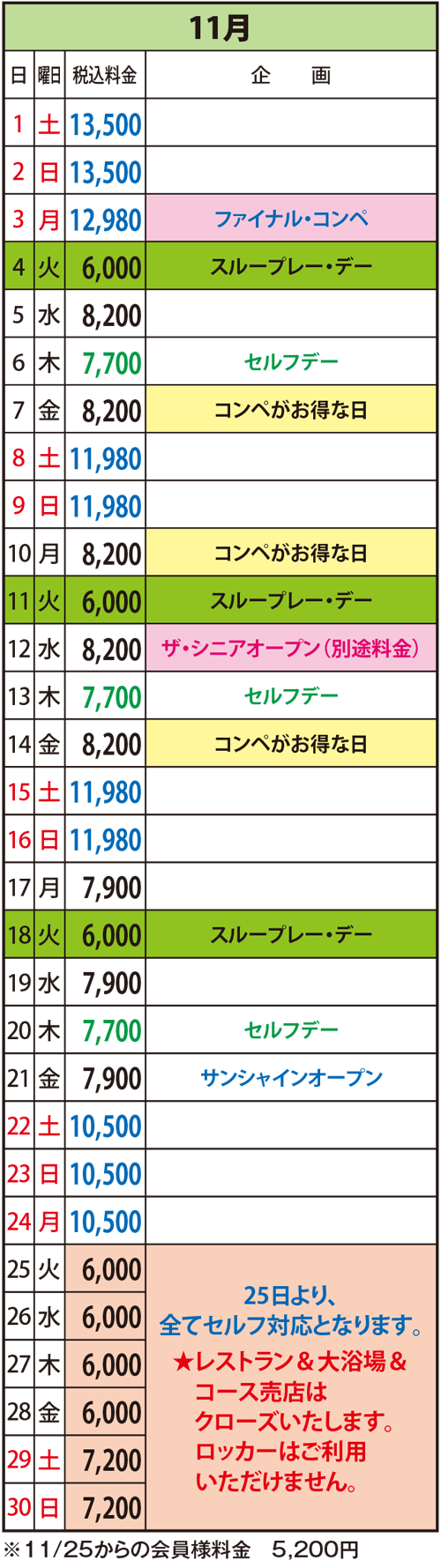 2025年11月の料金表
